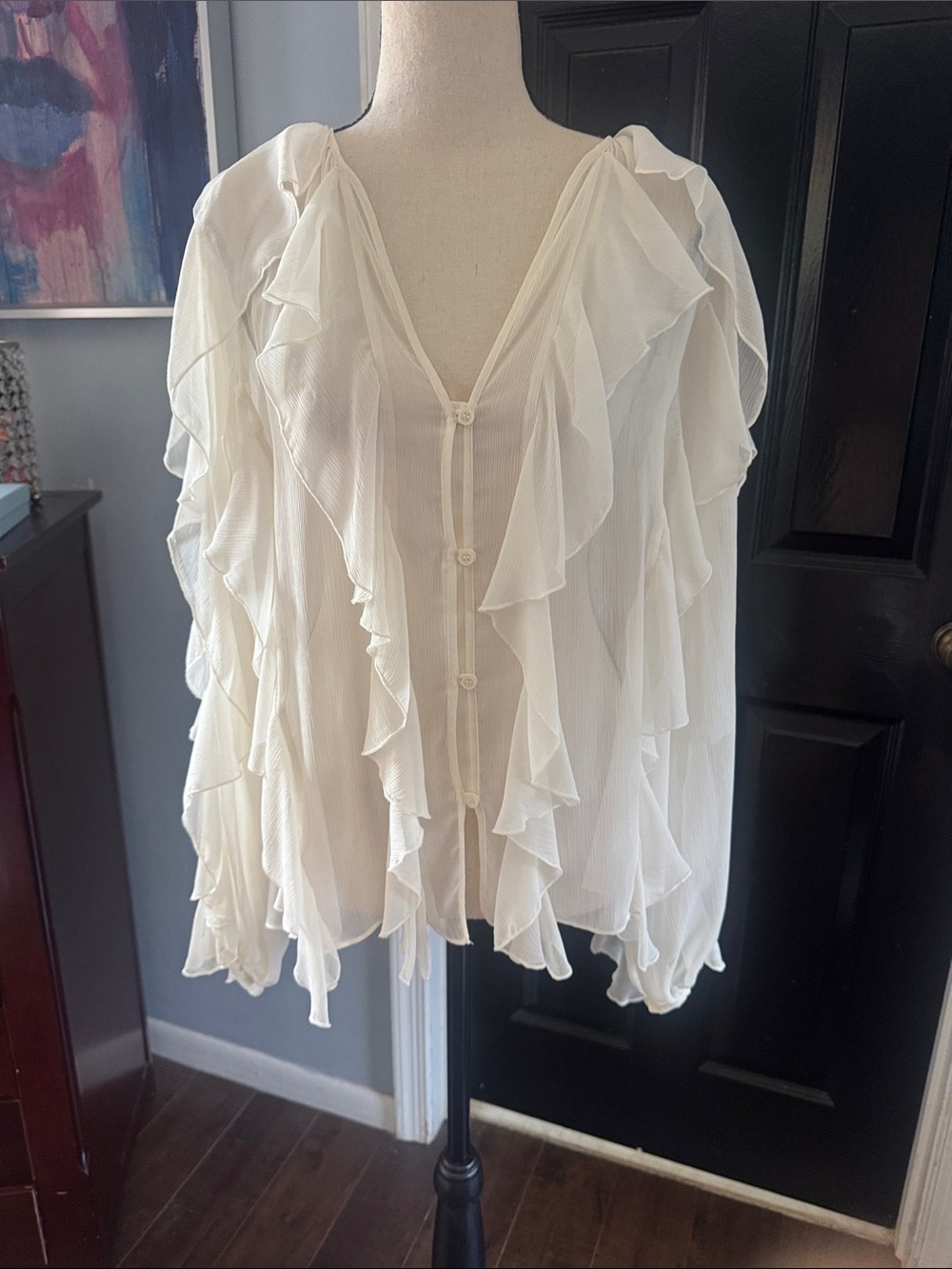 Zara Cream Sheer Ruffled Button-Down Blouse